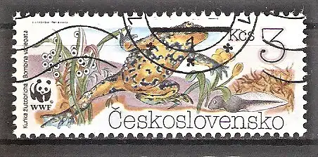 Briefmarke Tschechoslowakei Mi.Nr. 3008 o Weltweiter Naturschutz 1989 / Amphibien - Goldbauch-Unke (Bombina variegata)