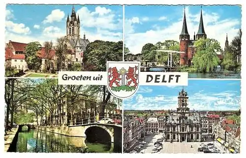 Ansichtskarte Niederlande - Delft / Ansichten mit Oude Kerk, Oostpoort, Altes Rathaus am Marktplatz (2637)