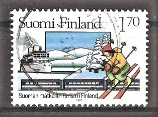 Briefmarke Finnland Mi.Nr. 1011 o 100 Jahre Finnischer Fremdenverkehrsverband 1987 / Skifahrer, Berge, Schiff, Eisenbahn