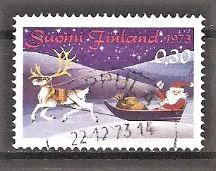 Briefmarke Finnland Mi.Nr. 739 o Weihnachten 1973 / Rentier zieht Pulka mit Geschenken und Weihnachtsmann
