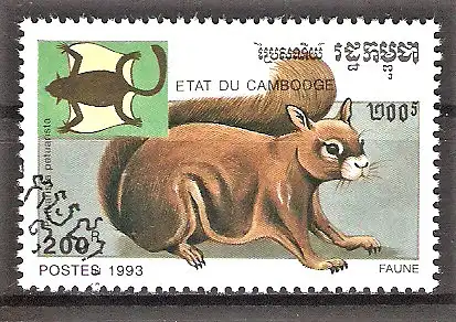 Briefmarke Kambodscha Mi.Nr. 1350 o Flugfähige Tiere 1993 / Taguan - Riesengleithörnchen (Petaurista petaurista)