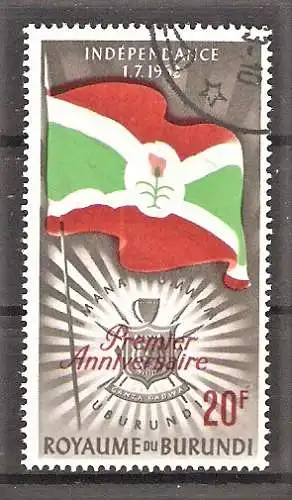 Briefmarke Burundi Mi.Nr. 56 A o 1. Jahrestag der Unabhängigkeit 1963 / Flagge und Wappen von Burundi