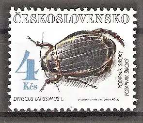 Briefmarke Tschechoslowakei Mi.Nr. 3125 ** Geschützte Käfer 1992 / Breitrandkäfer (Dytiscus latissimus)