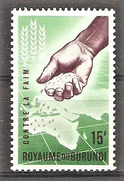 Briefmarke Burundi Mi.Nr. 50 A ** Kampf gegen den Hunger 1963 / Hand mit Samen über Landkarte, Ährensymbol