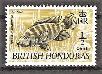 Briefmarke Britisch Honduras Mi.Nr. 260 ** Einheimische Tierwelt 1971 / Mosambik-Buntbarsch (Tilapia mossambico)