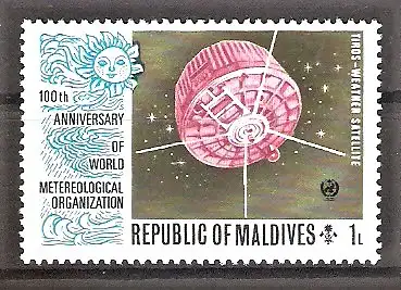 Briefmarke Malediven Mi.Nr. 479 ** Weltorganisation für Meteorologie (WMO) 1973 / Wettersatellit „Tiros“