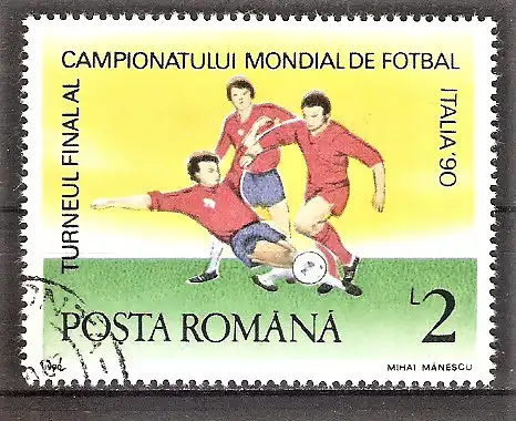 Briefmarke Rumänien Mi.Nr. 4597 o Fussball-Weltmeisterschaft Italien 1990 / Südkorea – Spanien
