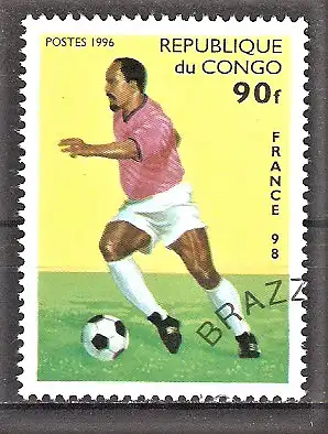 Briefmarke Kongo-Brazzaville Mi.Nr. 1444 o Fussball-Weltmeisterschaft Frankreich 1998 / Spielszene
