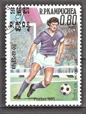 Briefmarke Kambodscha Mi.Nr. 634 o Fussball-Weltmeisterschaft Mexiko 1986 / Spielszene