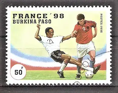 Briefmarke Burkina Faso Mi.Nr. 1427 o Fussball-Weltmeisterschaft Frankreich 1998 / Tackling