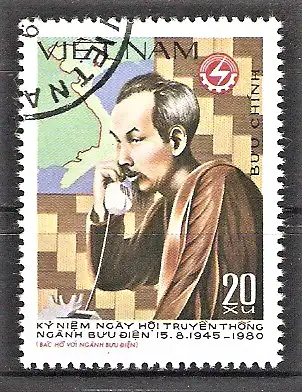 Briefmarke Vietnam Mi.Nr. 1120 o Tag der Post 1980 / Hồ Chí Minh telefoniert