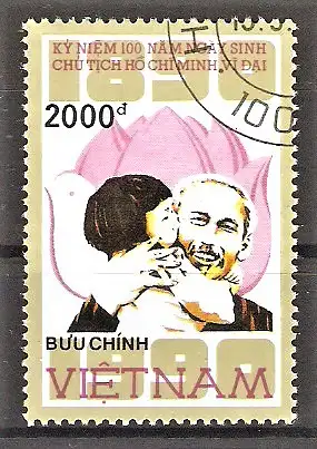 Briefmarke Vietnam Mi.Nr. 2180 o 100. Geburtstag von Hồ Chí Minh 1990 / Hồ Chí Minh mit Kind