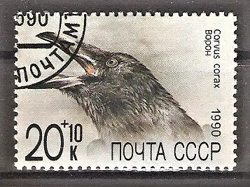 Briefmarke Sowjetunion Mi.Nr. 6081 o Hilfsfonds für die sowjetischen Tiergärten 1990 / Kolkrabe (Corvus corax)