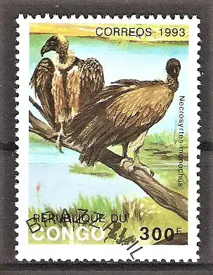 Briefmarke Kongo-Brazzaville Mi.Nr. 1369 I o Einheimische Wildtiere 1993 / Kappengeier (Necrosyrtes monachus)