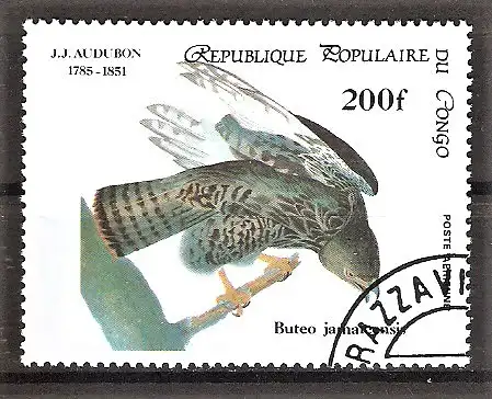 Briefmarke Kongo-Brazzaville Mi.Nr. 996 o 200. Geburtstag von John James Audubon 1985 / Rotschwanzbussard (Buteo jamaicensis)