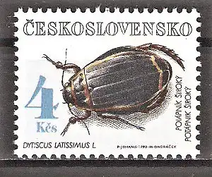 Briefmarke Tschechoslowakei Mi.Nr. 3125 ** Geschützte Käfer 1992 / Breitrandkäfer (Dytiscus latissimus)