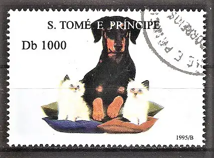 Briefmarke Sao Tome & Principe Mi.Nr. 1584 o Hunde und Katzen 1995 / Dackel mit Katzen