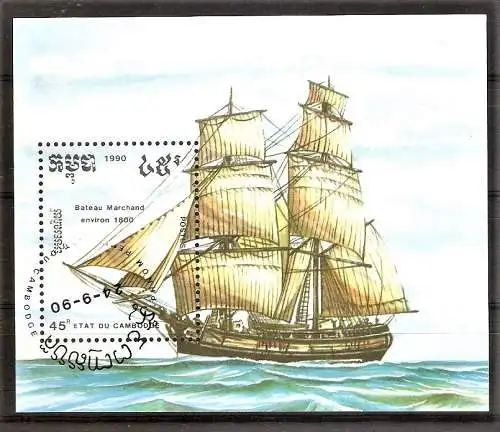 Briefmarke Kambodscha Block 177 o (Mi.Nr. 1165) Segelschiffe 1990 / Brigg um 1800