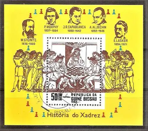 Briefmarke Guinea-Bissau BLOCK 250 o (Mi.Nr. 681) Schach 1983 / Historische Spielszene
