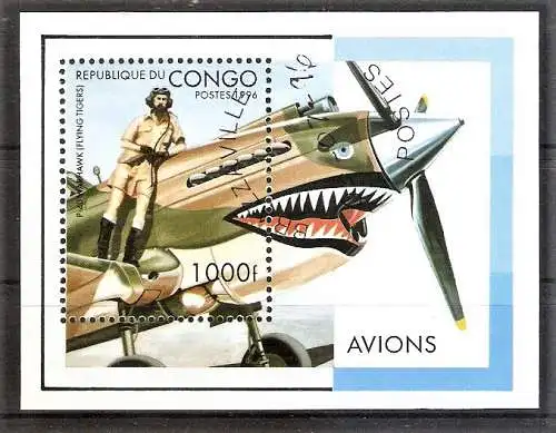 Briefmarke Kongo - Brazzaville BLOCK 132 o (Mi.Nr. 1490) Militärflugzeuge des Zweiten Weltkrieges 1996 / Curtiss P-40 Warhawk