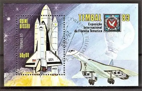 Briefmarke Guinea-Bissau Block 248 o (Mi.Nr. 665) Briefmarkenausstellung TEMBAL 1983 / Raumfähre beim Start