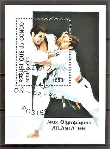 Briefmarke Kongo - Brazzaville BLOCK 127 o (Mi.Nr. 1443) Olympische Sommerspiele Atlanta 1996 / Judo
