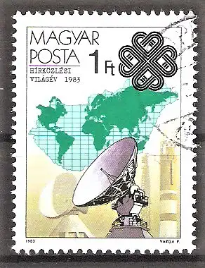 Briefmarke Ungarn Mi.Nr. 3637 A o Weltkommunikationsjahr 1983 / Parabolantennen & Trägerrakete „Interkosmos“