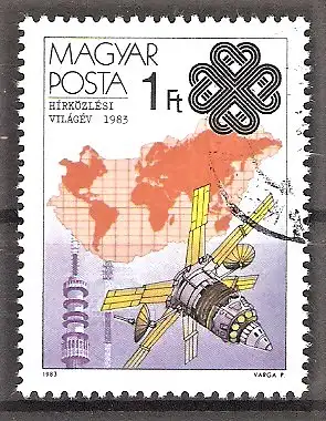Briefmarke Ungarn Mi.Nr. 3636 A o Weltkommunikationsjahr 1983 / Nachrichtensatellit „Molnija“ & Fernsehturm auf dem Berg Kékes