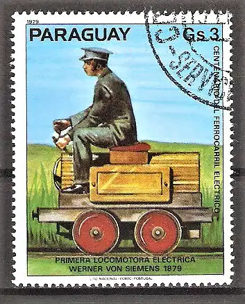 Briefmarke Paraguay Mi.Nr. 3249 o 100 Jahre elektrische Eisenbahnen 1979 / 1. Elektro-Lok von Werner von Siemens (1879)