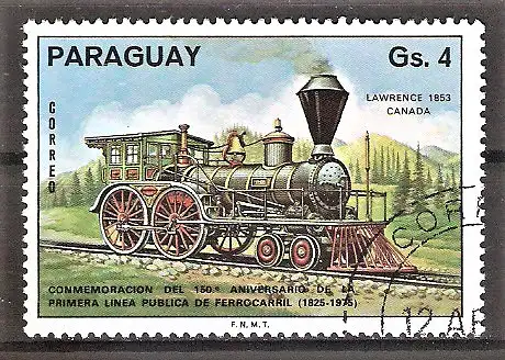 Briefmarke Paraguay Mi.Nr. 2777 o 150 Jahre Eisenbahnlinie Stockton-Darlington 1976 / Kanadische Lokomotive (1853)