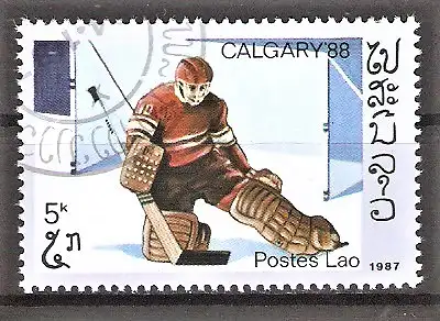 Briefmarke Laos Mi.Nr. 970 o Olympische Winterspiele Calgary 1988 / Eishockey