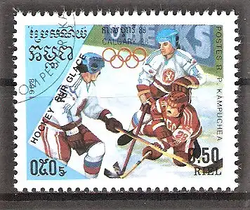 Briefmarke Kambodscha Mi.Nr. 912 o Olympische Winterspiele Calgary 1988 / Eishockey