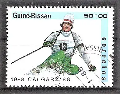 Briefmarke Guinea-Bissau Mi.Nr. 929 o Olympische Winterspiele Calgary 1988 / Alpiner Skilauf