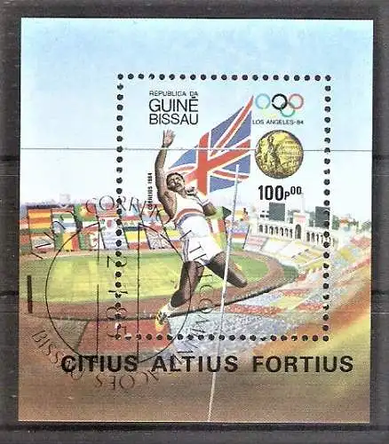 Briefmarke Guinea-Bissau Block 261 o (Mi.Nr. 825 o) Olympische Sommerspiele Los Angeles 1984 / Daley Thompson