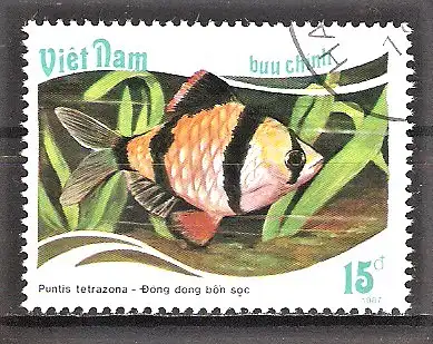 Briefmarke Vietnam Mi.Nr. 1898 o Fische 1988 / Viergürtelbarbe (Puntius tetrazona)