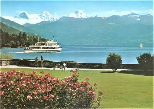 Ansichtskarte Schweiz - Thun / Schadaupark, Ausflugsschiff, Eiger, Mönch und Jungfrau (2598)