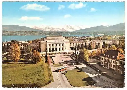Ansichtskarte Schweiz - Genf / Palais des Nations (deutsch: Völkerbundpalast) mit alten Omnibus (2240)
