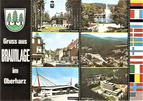 Ansichtskarte Deutschland - Braunlage / Wurmberg-Seilbahn, Im Kurpark, Eichhörnchen-Brunnen, Luftbild, Eisstadion, Hotel Maritim (2252)