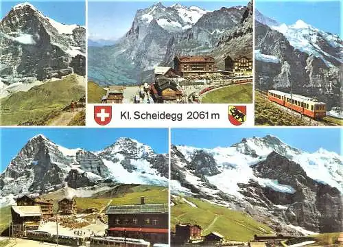 Ansichtskarte Schweiz - Kleine Scheidegg / Eiger-Nordwand, Wetterhorn, Jungfraubahn, Eiger Mönch, Jungfrau (2357)