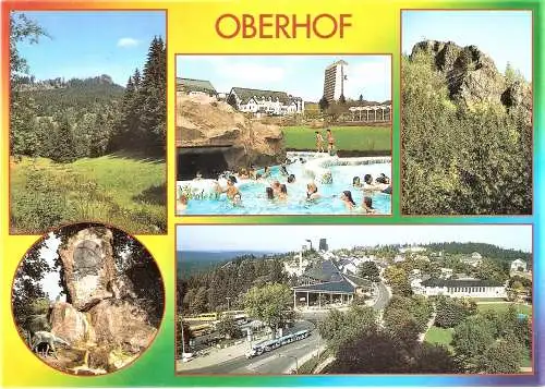 Ansichtskarte Deutschland - Oberhof / Blick zum Hohen Stein, Rennsteig-Thermen, Bärenstein, Herzog Ernst II. Denkmal, Übersicht (2341)