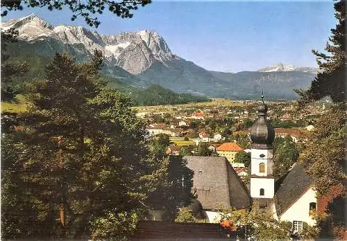 Ansichtskarte Deutschland - Garmisch-Partenkirchen / Wallfahrtskirche St. Anton gegen Zugspitzgruppe und Daniel (2356)