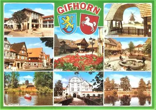 Ansichtskarte Deutschland - Gifhorn / Rathaus, Mühlenmuseum, Steinweg, Passage, Steinweg, Allerpartie, Schloß, Heidesee (2443)