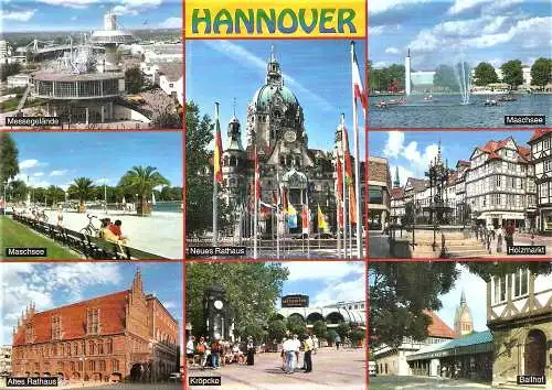 Ansichtskarte Deutschland - Hannover / Messegelände, Maschsee, Neues Rathaus, Holzmarkt, Altes Rathaus, Kröpcke, Ballhof (2445)