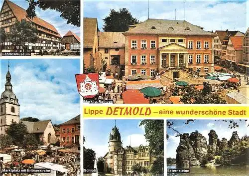 Ansichtskarte Deutschland - Detmold / Landesmuseum, Markt und Rathaus, Marktplatz mit Erlöserkirche, Schloß, Externsteine (2456)