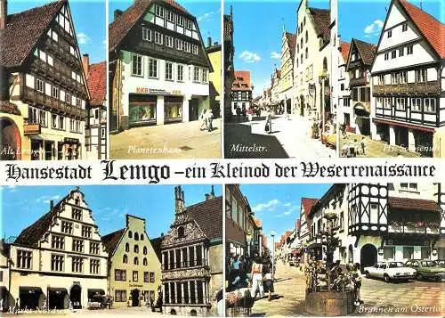 Ansichtskarte Deutschland - Lemgo / Alt Lemgo, Planetenhaus, Mittelstraße, Haus Sonnenuhr, Markt Nordseite, Brunnen am Ostertor (2457)
