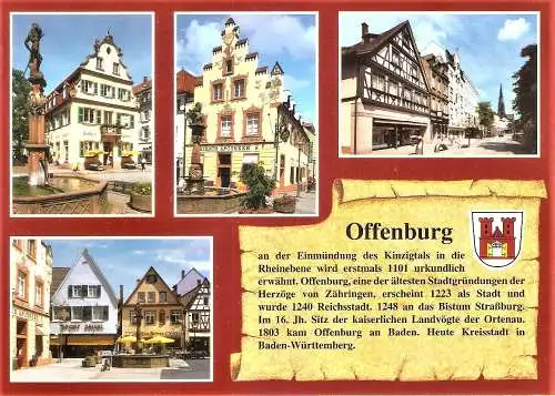 Ansichtskarte Deutschland - Offenburg - Chronikkarte - Neptunbrunnen mit Einhorn-Apotheke, Hirsch-Apotheke mit Löwenbrunnen, Am Rathaus, Fischmarkt mit Sport-Seigel (2220)