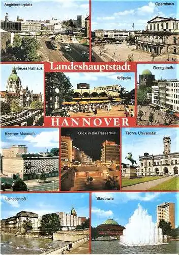 Ansichtskarte Deutschland - Hannover / Aegidientorplatz, Opernhaus, Neues Rathaus, Georgstraße, Kestner-Museum, Blick in die Passerell (2474)