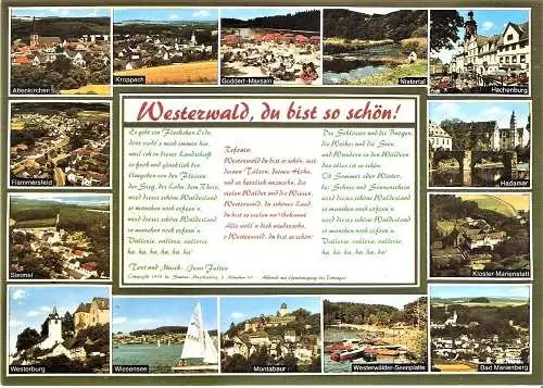 Ansichtskarte Deutschland - Rheinland-Pfalz / "Westerwald, du bist so schön!" - Mehrbildkarte mit Liedtext und diversen Orten (1861)