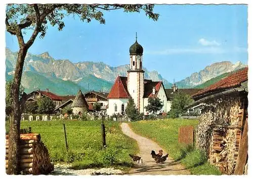 Ansichtskarte Deutschland - Wallgau / Ortsansicht gegen Dreitorspitze, Hochblassen und Alpspitze (1886)