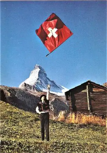 Ansichtskarte Schweiz - Zermatt / Fahnenschwinger mit Schweizer Nationalfahne bei Zermatt vor Matterhorn (1903)